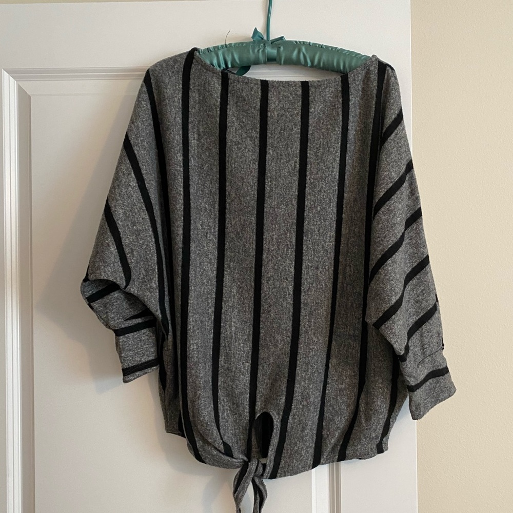 Charcoal and black striped top with tie front.